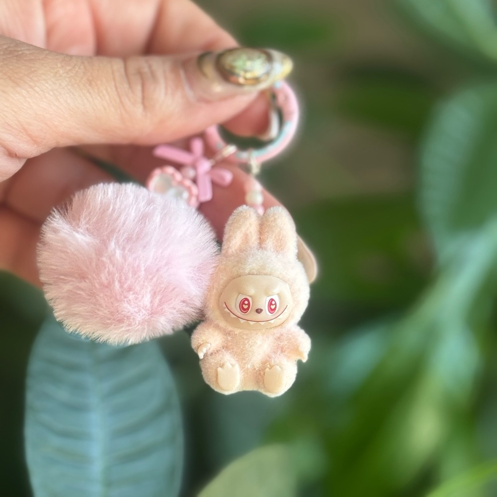 Pink New mini flocked have a seat labubu keychain - Picture 2 of 6
